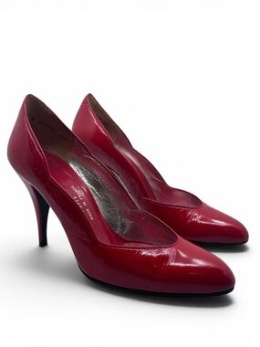 Vintage Charles Jourdan Paris Red Patent Leather Pumps Heels Pointed Toe 6.5 B